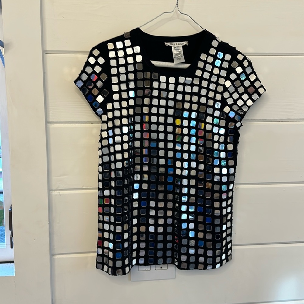 Alice + Olivia Mirror Disco Silk Tshirt Black & Silver XS